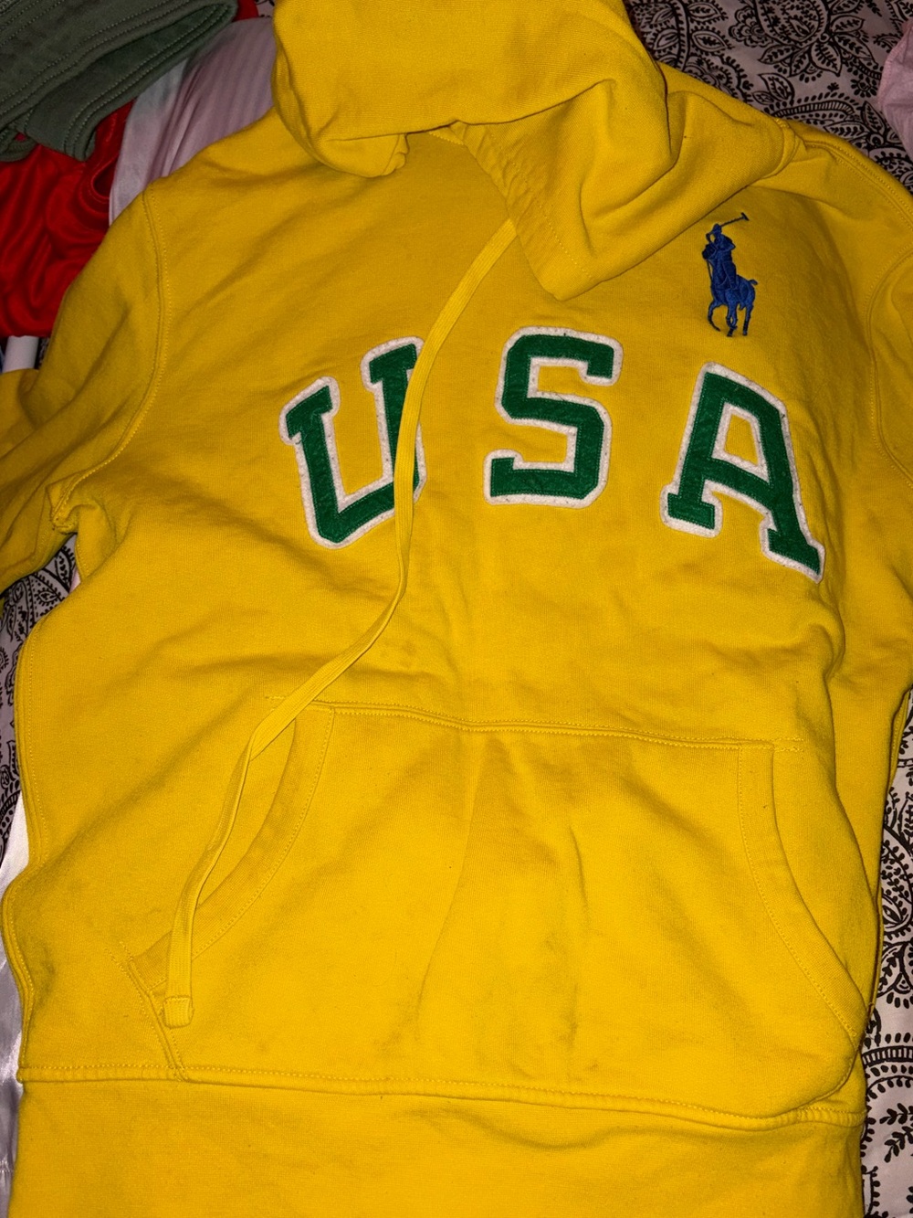 Vintage 90s Polo Sport Ralph Lauren USA Yellow Fleece Hoodie
